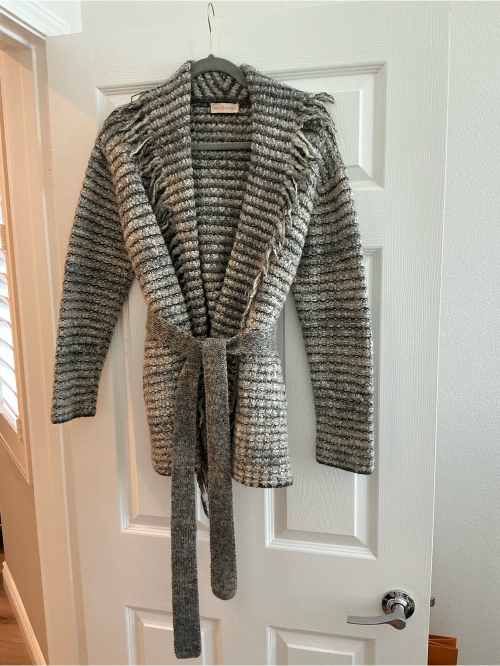 Tory Burch Gray and Cream Ribbed Knit Belted Cardigan